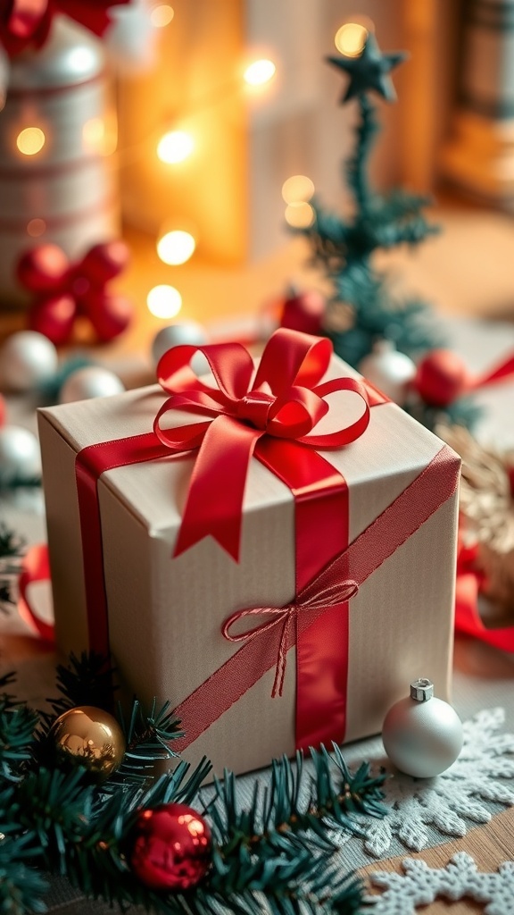 A wrapped Christmas gift with a red bow on a festive table with holiday decorations.